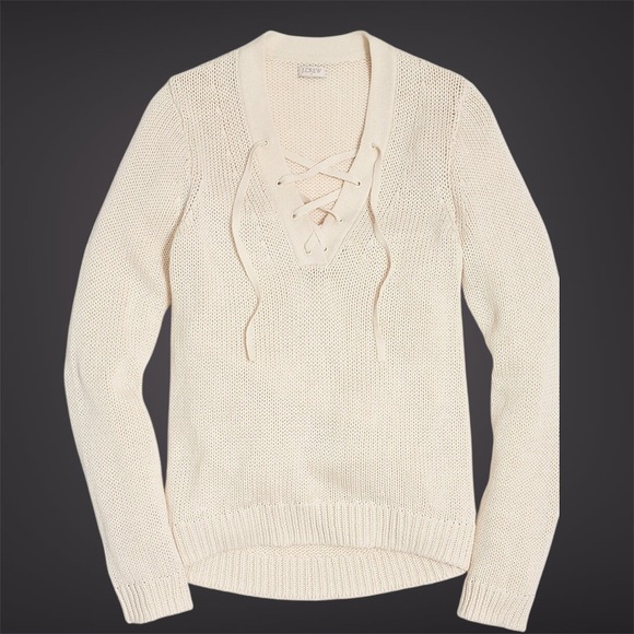 J. Crew Sweaters - J Crew Lace Up V Neck Knit Sweater Cream Beige Size L